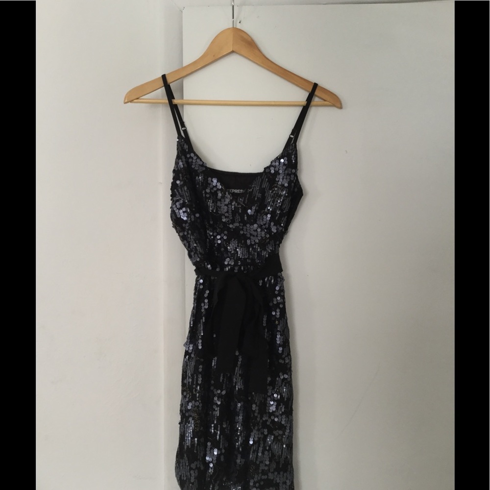Express Sequin Faux Wrap Dress
